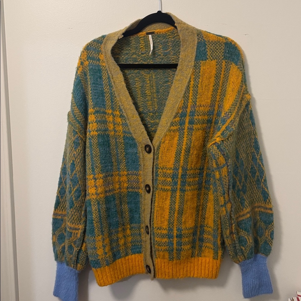 Free People Sepia Colorful Plaid Cardigan Sweater XS - Picture 2 of 7
